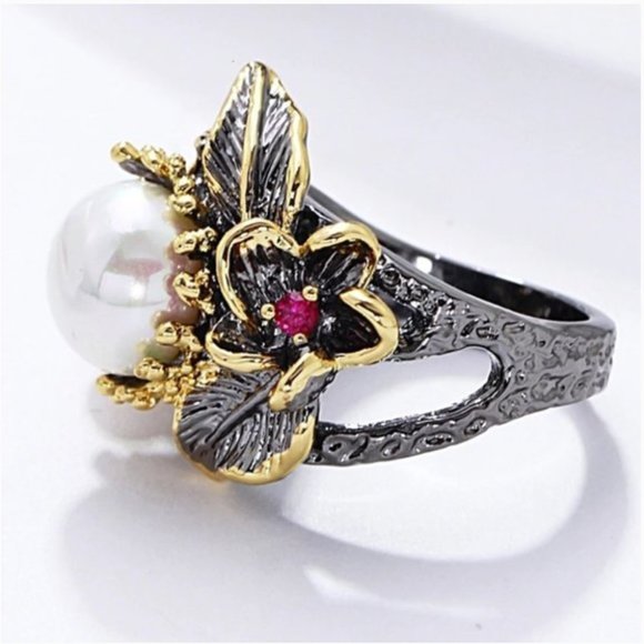 NEW Italian Jewelry Gold Flower Pearl Ring - Picture 14 of 14